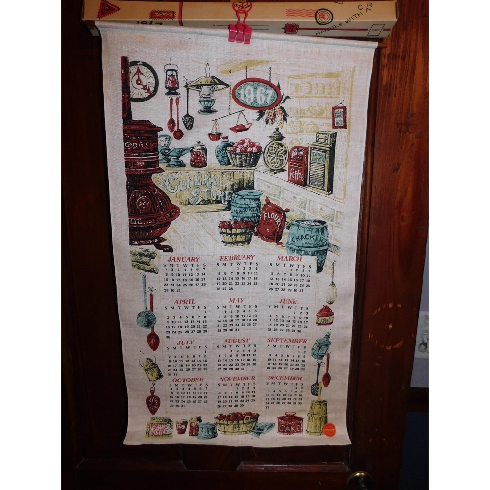 Vintage 1967 Town & Country Linen Corp Calendar Tea Towel General Store